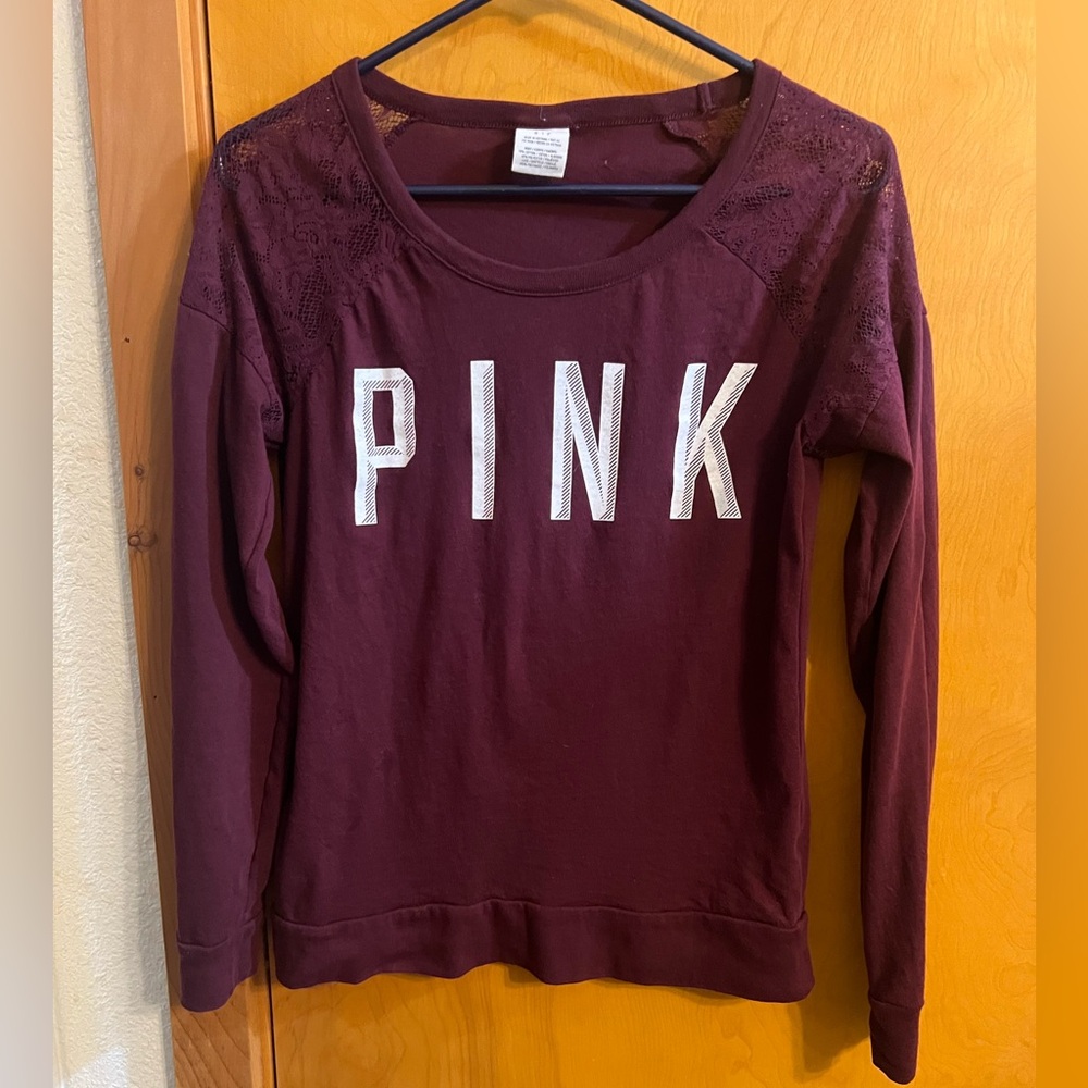 PINK Victoria's Secret purple long sleeve T with Lace & White Lettering